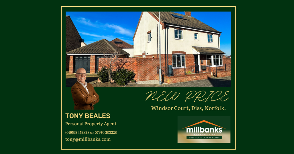 New Price £325,000 for 4-Bed Det House with Double Garage in Windsor Court, Diss, Norfolk, IP22 4UG.